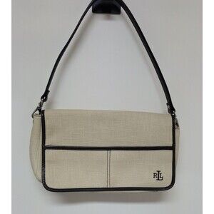 Lauren Ralph Lauren Beige Cotton Linen Tote Bag Brown Leather Trim Silver